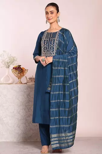 blue embroidered poly silk free size stiched kurta set