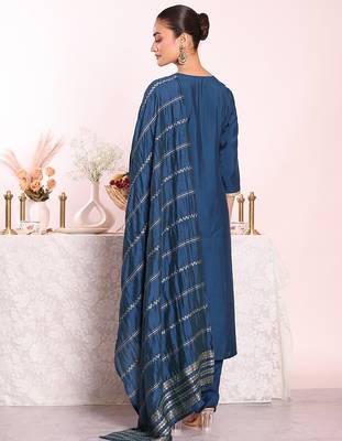blue embroidered poly silk free size stiched kurta set 4