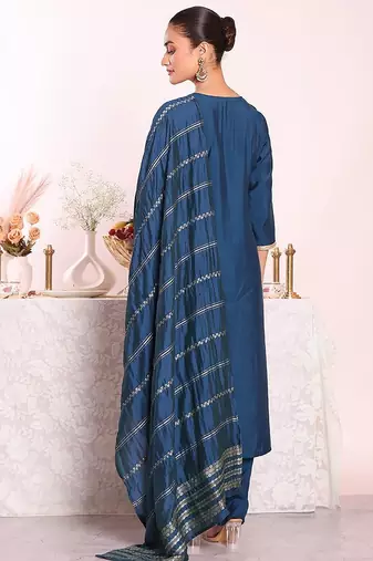 blue embroidered poly silk free size stiched kurta set