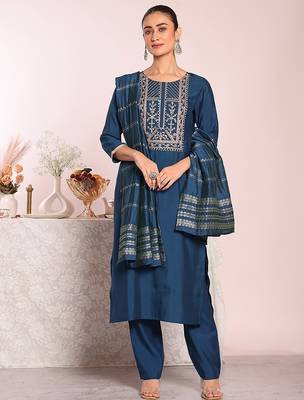 blue embroidered poly silk free size stiched kurta set 5