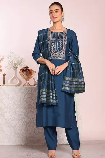 blue embroidered poly silk free size stiched kurta set