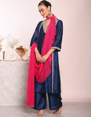 blue embroidered poly silk free size stiched kurta set 1