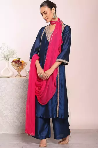 blue embroidered poly silk free size stiched kurta set