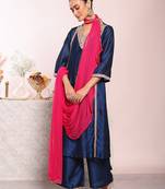 blue embroidered poly silk free size stiched kurta set