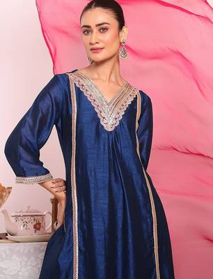 blue embroidered poly silk free size stiched kurta set 2