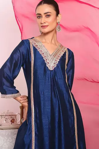 blue embroidered poly silk free size stiched kurta set