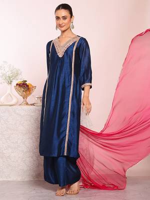 blue embroidered poly silk free size stiched kurta set 3