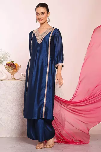 blue embroidered poly silk free size stiched kurta set