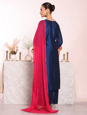 blue embroidered poly silk free size stiched kurta set 4