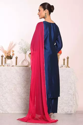 blue embroidered poly silk free size stiched kurta set