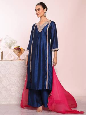 blue embroidered poly silk free size stiched kurta set 5