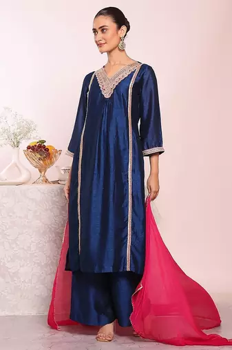 blue embroidered poly silk free size stiched kurta set