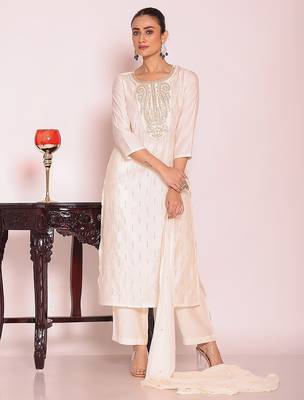 off white embroidered poly silk free size stiched kurta set 1