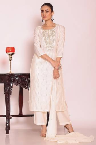 off white embroidered poly silk free size stiched kurta set