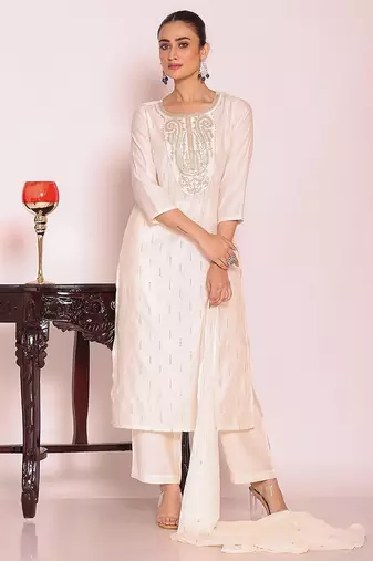 off white embroidered poly silk free size stiched kurta set