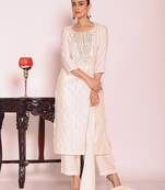 off white embroidered poly silk free size stiched kurta set