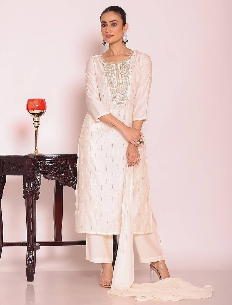 off white embroidered poly silk free size stiched kurta set