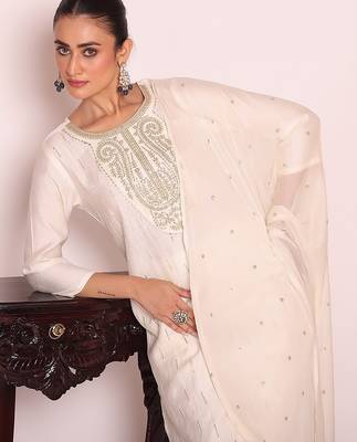 off white embroidered poly silk free size stiched kurta set 2