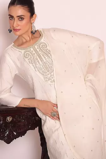 off white embroidered poly silk free size stiched kurta set