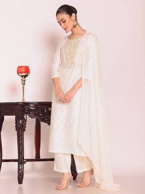 off white embroidered poly silk free size stiched kurta set 3