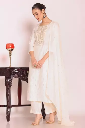 off white embroidered poly silk free size stiched kurta set