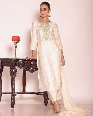off white embroidered poly silk free size stiched kurta set 4