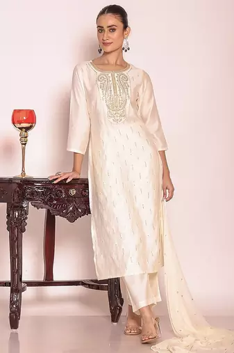 off white embroidered poly silk free size stiched kurta set