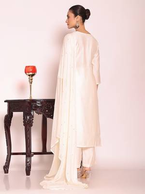 off white embroidered poly silk free size stiched kurta set 5