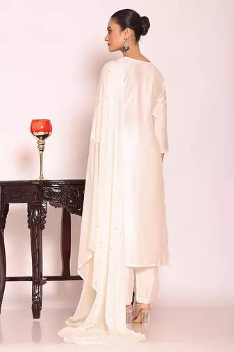 off white embroidered poly silk free size stiched kurta set