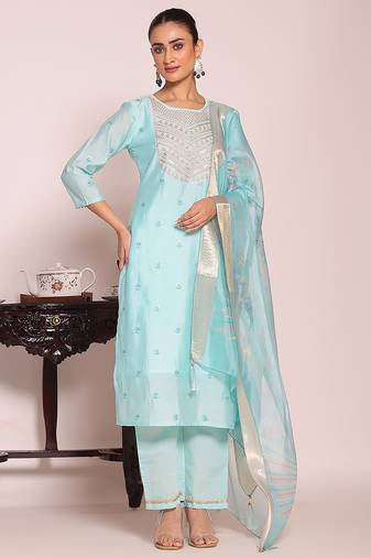 sky blue embroidered poly silk free size stiched kurta set