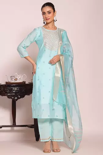 sky blue embroidered poly silk free size stiched kurta set