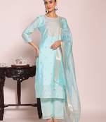 sky blue embroidered poly silk free size stiched kurta set
