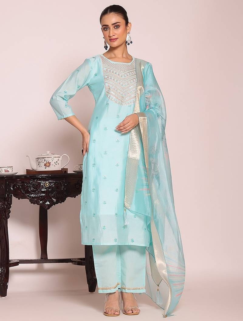 sky blue embroidered poly silk free size stiched kurta set