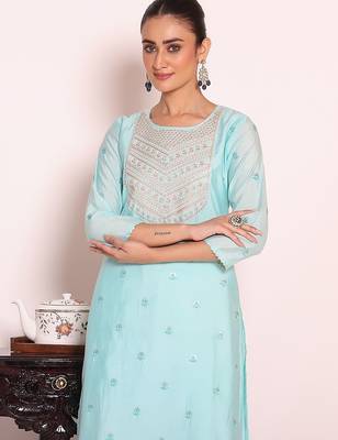 sky blue embroidered poly silk free size stiched kurta set 2