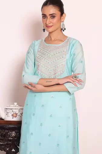 sky blue embroidered poly silk free size stiched kurta set