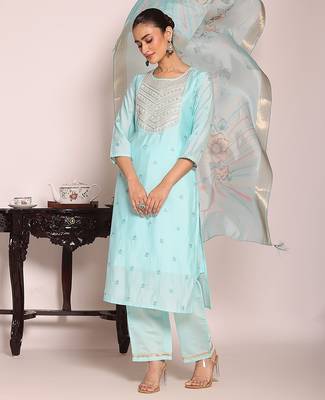 sky blue embroidered poly silk free size stiched kurta set 3