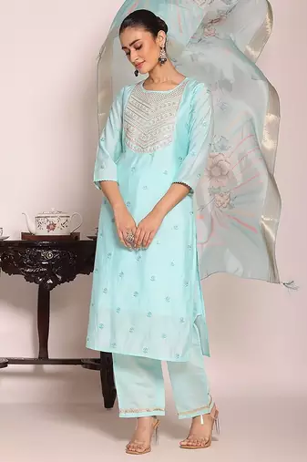 sky blue embroidered poly silk free size stiched kurta set
