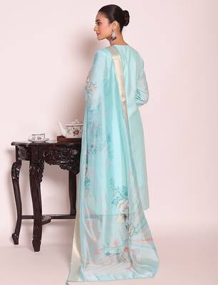 sky blue embroidered poly silk free size stiched kurta set 4