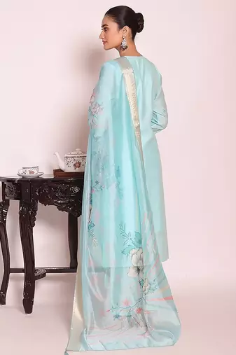 sky blue embroidered poly silk free size stiched kurta set