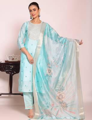 sky blue embroidered poly silk free size stiched kurta set 5