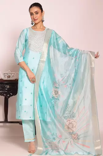 sky blue embroidered poly silk free size stiched kurta set