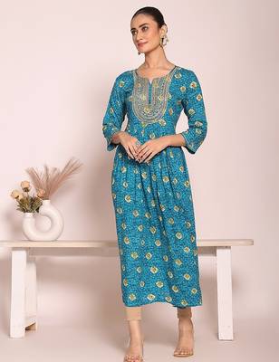 blue embroidered poly silk free size stiched anarkali kurti suit 1