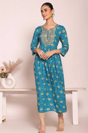 blue embroidered poly silk free size stiched anarkali kurti suit
