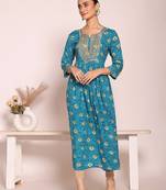 blue embroidered poly silk free size stiched anarkali kurti suit