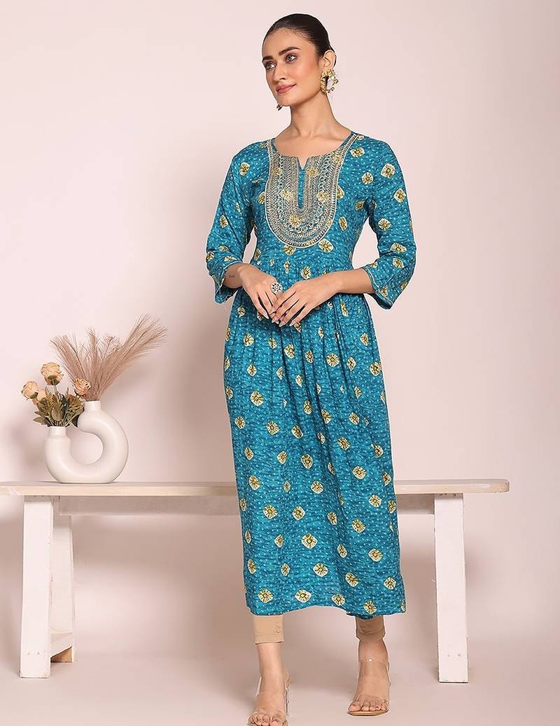 blue embroidered poly silk free size stiched anarkali kurti suit
