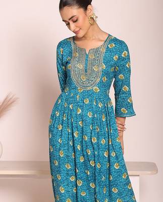 blue embroidered poly silk free size stiched anarkali kurti suit 2
