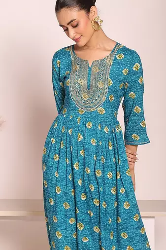 blue embroidered poly silk free size stiched anarkali kurti suit