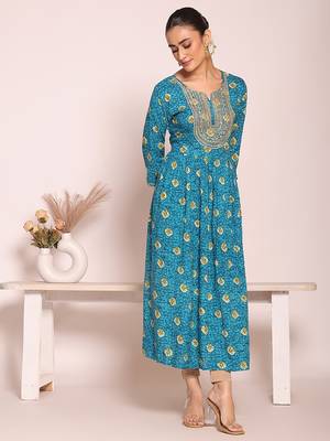 blue embroidered poly silk free size stiched anarkali kurti suit 3