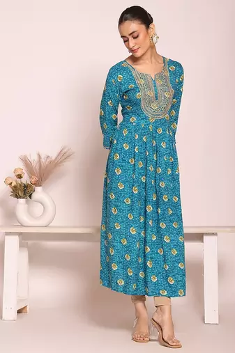 blue embroidered poly silk free size stiched anarkali kurti suit