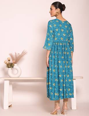 blue embroidered poly silk free size stiched anarkali kurti suit 4